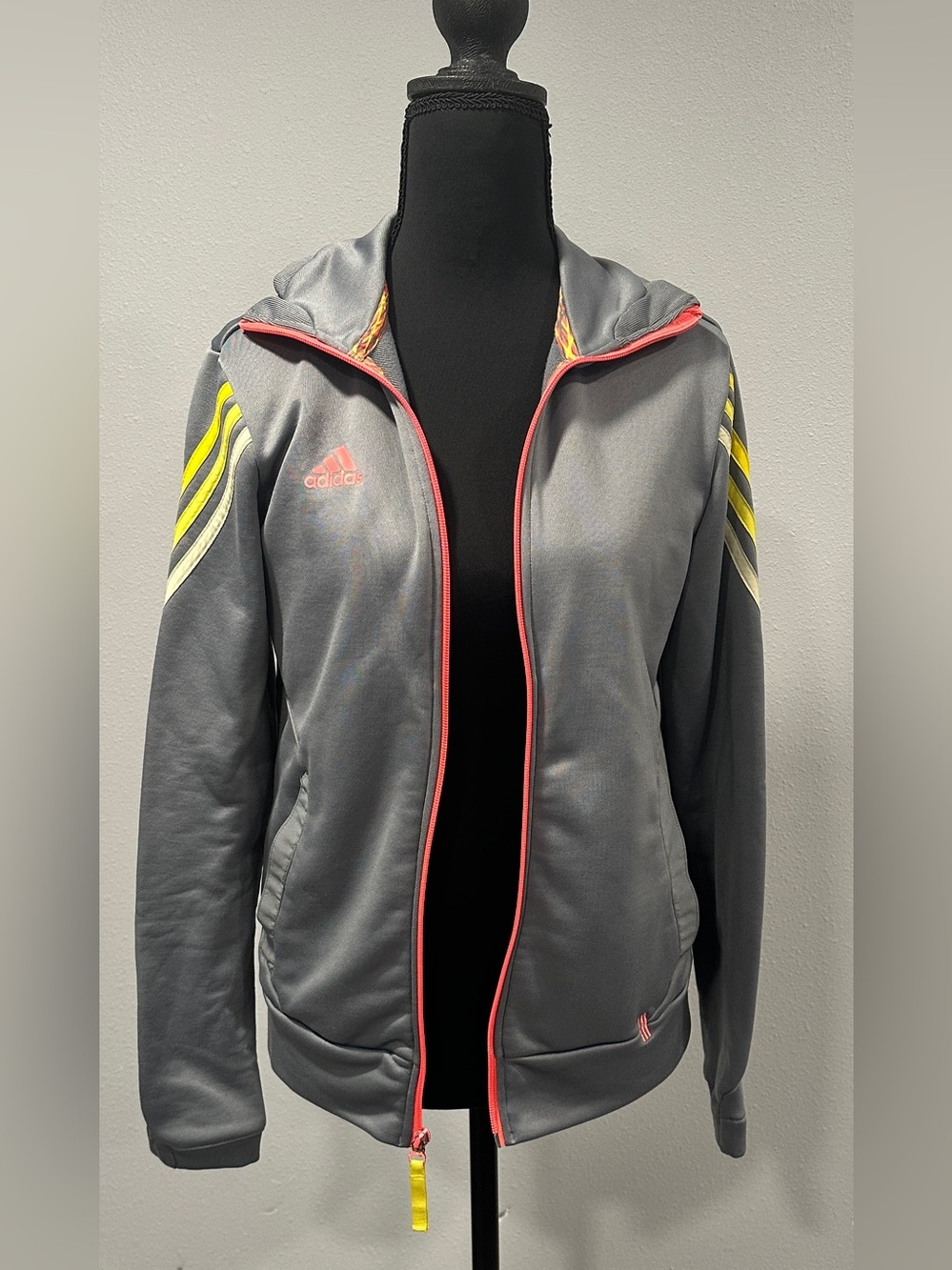 adidas Grey Hooded Bomber Jacket with Yellow Stripes and Pink Trim